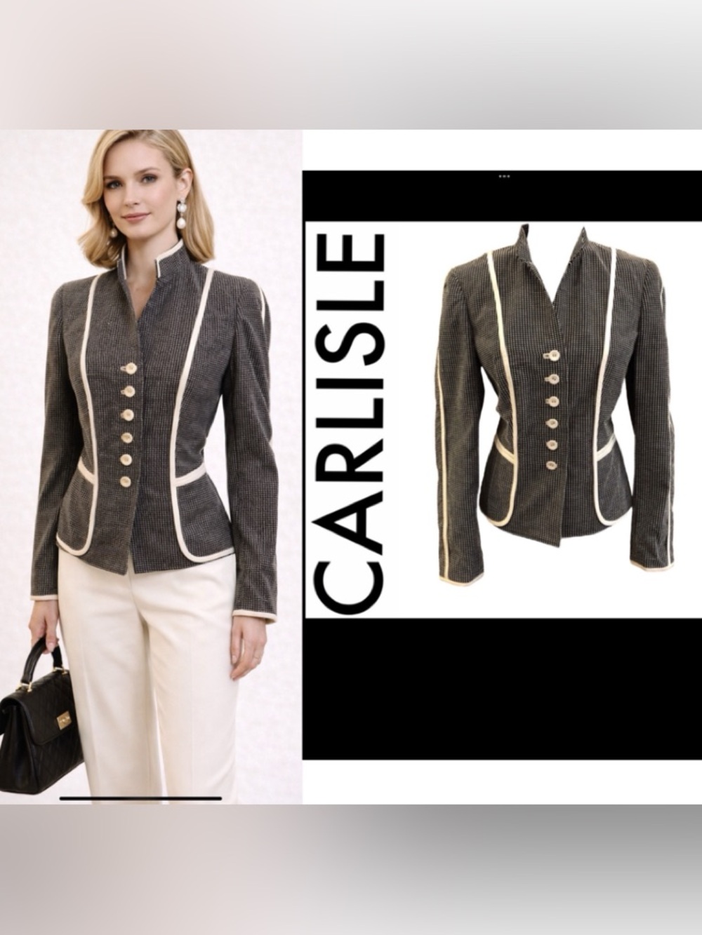 Carlisle Vintage Black And White Check Mandarin Collar Blazer Jacket Size 8